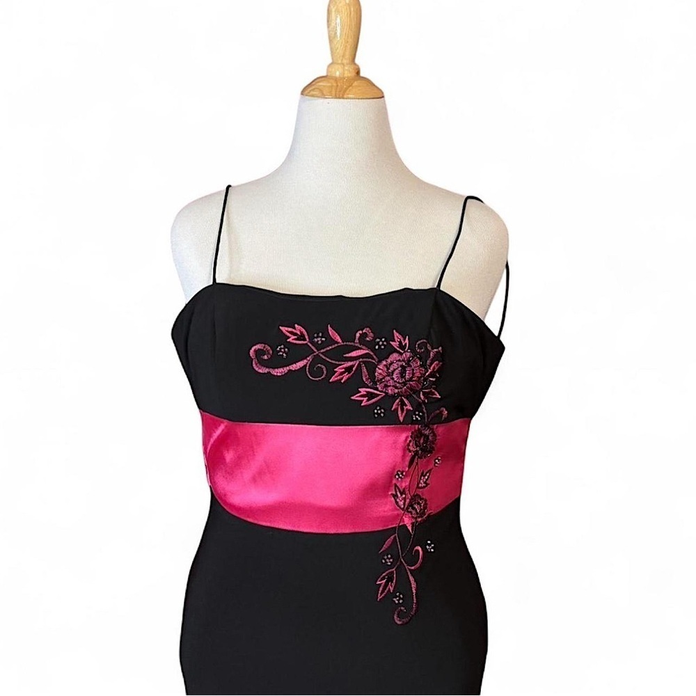 Y2K Dave & Johnny Prom Dress Sz 7/8 Black Pink Floral Embroidered Gown Bow - Picture 4 of 7